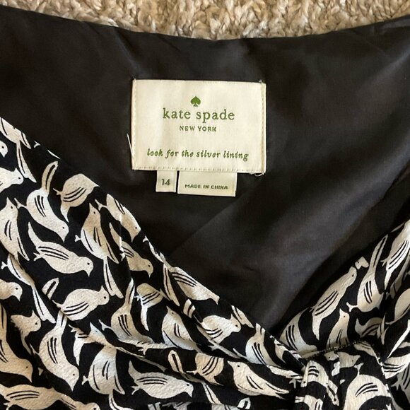 Kate Spade ♠️ Bird Print Sleeveless Draped Neck Midi Dress, Black/White, Size 14 - Picture 3 of 11